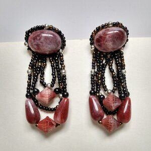 Vintage Western Beaded Dangle Drop Stud Earrings Black Beads Pink Marble Stone
